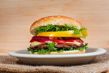 Hamburger beyaz plaka üzerinde kapat