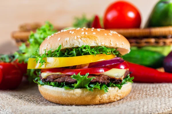 Primo piano di hamburger su piatto bianco — Foto Stock