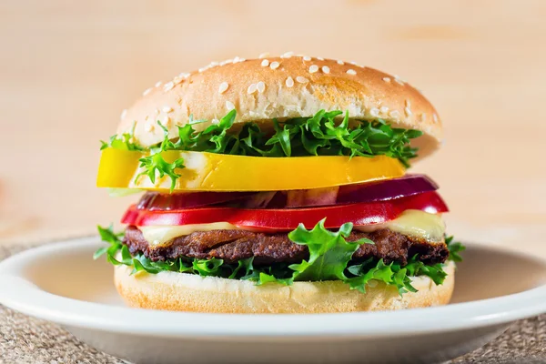 Close up of hamburger on white plate — Stock Photo, Image