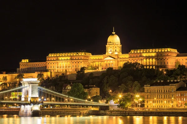 Vista nocturna del Puente de la Cadena y palacio real en Budapest, Hungría —  Fotos de Stock