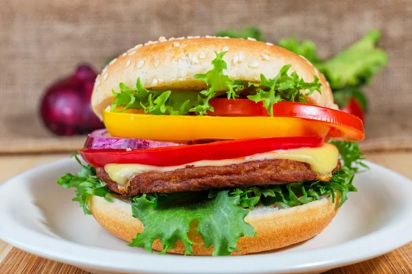 Primer plano de hamburguesa casera en plato blanco — Foto de Stock