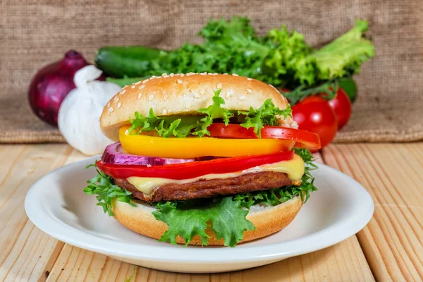 Close up of homemade hamburger on white plate — Stock Photo, Image