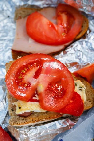 Lunch med smörgås under vandring utflykt — Stockfoto