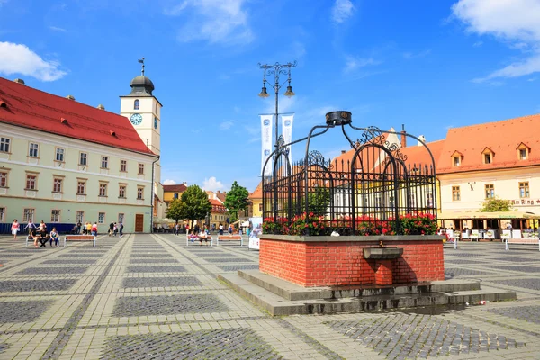 Sibiu, Romania - July 19, 2014: Old Town Square in the historical center of Sibiu was built in the 14th century, Romania — Stock Photo, Image