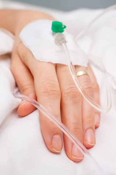 Close up of a iv drip in patient's hand — Stock Photo, Image