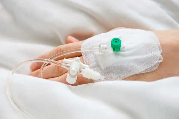 Close up of a iv drip in patient's hand — Stock Photo, Image