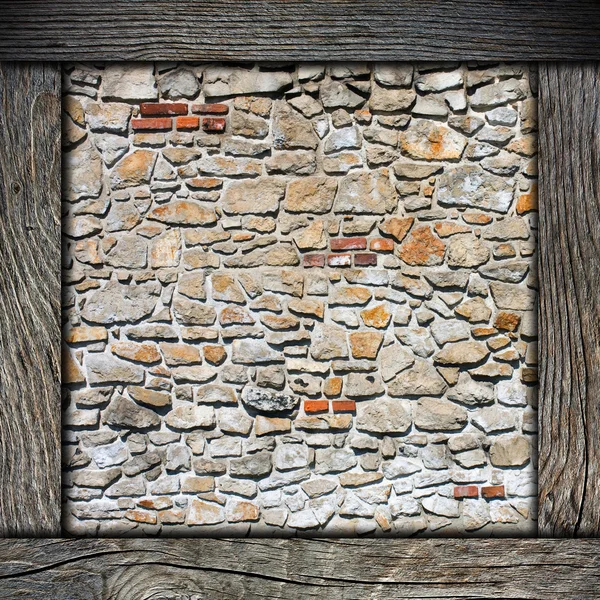Houten frame met bakstenen muur — Stockfoto