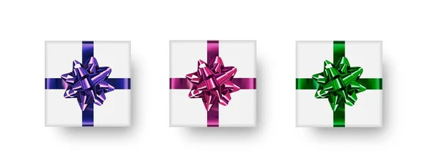 礼品盒 现实的白色礼品盒 有阴影和蝴蝶结 病媒群 — 图库矢量图片