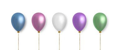 Balonlar hazır. Dekorasyon için gerçekçi vektör kümesi. Beyaz arkaplanda pastel renkli çok renkli balonlar izole edildi.