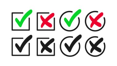 Yeşil işaretler ve kırmızı haçlar. Vector düz tırmanışlar. Simgeyi onayla ve reddet. Çember ve kare şekilleri işaretle ve çapraz.