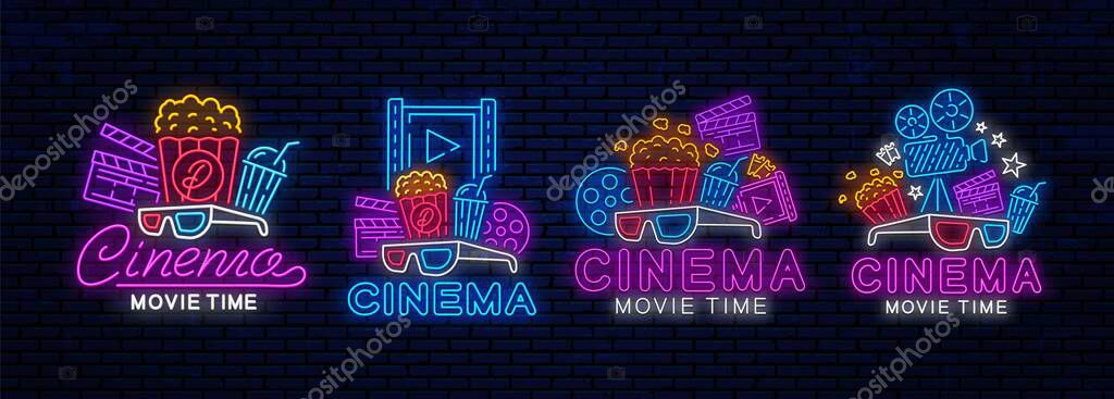 Set of neon cinema logo. Movie time, night light signboards. Cinema movie time, night neon signs design.