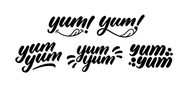 Yum Yum词设置 漂亮的手写字 现代书法 用于印刷的彩色涂鸦文字设计 矢量标志的设计 手绘漫画风格的字体 舔舌头的短语Yum 免版税图库插图