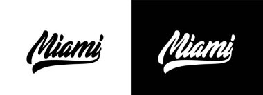 Miami el yazısı tasarımı. Tasarım tişörtü, kapüşonlu, beysbol şapkası için el yazısıyla yazılmış bir metin. Miami sokak kıyafetleri için slogan.
