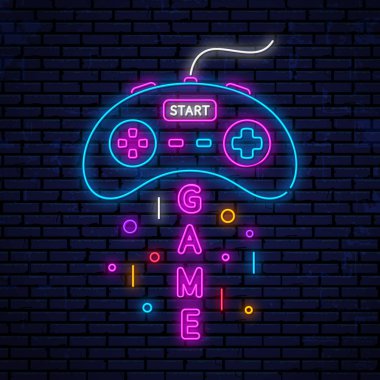 Oyun kulüplerinde dekorasyon için neon ikonu. Vektör neon simgesi, reklam oyunları kulüpleri için imza.