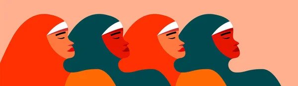 Cinci femei arabe care stau împreună anunță puterea feminină. Feminist Union sau Sisterhood. Conceptul de banner pentru egalitatea de gen și mișcarea pentru împuternicirea femeilor . — Vector de stoc