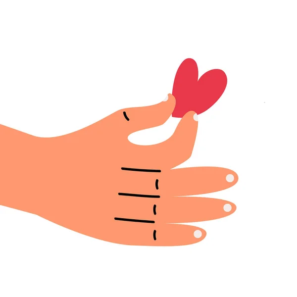 Hart dat in de hand van een persoon ligt. Concept van felicitaties voor Valentijnsdag. Onbeantwoorde liefde. — Stockvector
