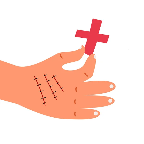 Ένα χέρι με ουλή μετά το χειρουργείο κρατάει κόκκινο σταυρό. Η έννοια του ασθενοφόρου. Επίπεδη διανυσματική απεικόνιση. — Διανυσματικό Αρχείο