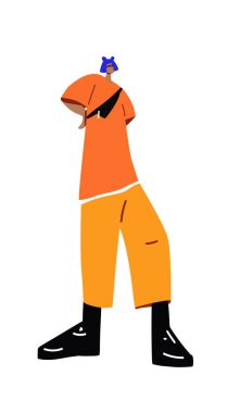 Şık giyinmiş genç bir kadın. Beyaz arka planda moda kıyafetleri konsepti. Minimalist tarzda modaya uygun bir illüstrasyon. Poster, tebrik kartı, davetiye ve tişört için vektör baskısı.