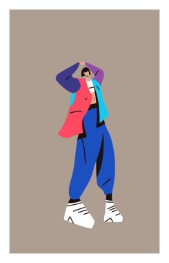 Şık giyinmiş genç bir kadın. Beyaz arka planda moda kıyafetleri konsepti. Minimalist tarzda modaya uygun illüstrasyon..