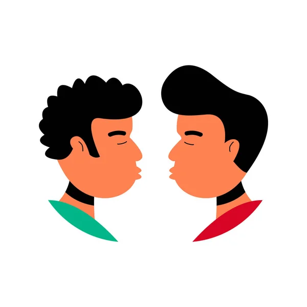 Doi tipi vor să se sărute. Comunitatea LGBT. Felicitări de Ziua Îndrăgostiților pentru persoanele gay. Ilustrație vectorială plat . — Vector de stoc