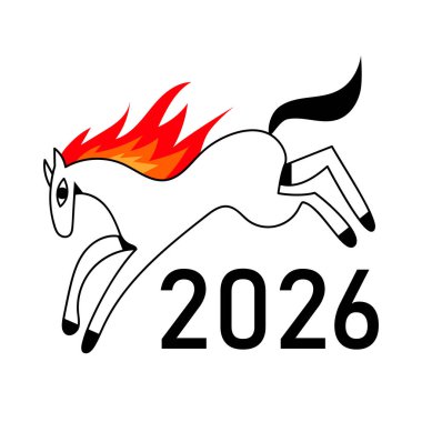 Çin Yeni Yıl Ateş Atı At Yılı: At 2026 Sembol Minimalist Çizgi Sanat Sanatçısı İllüstrasyon Atı Alev Yelesi ve 2026 Rakamlarla Atlama.