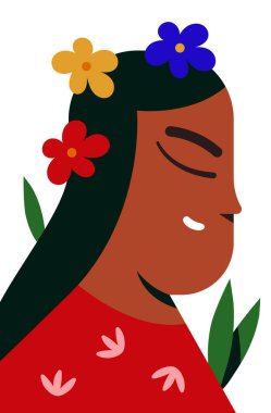 Çiçekli Kadın Portresi Zihinsel Sağlık Minimalist Soyut Düz Tasarım Çizimi Kapalı Gözler ve Çiçekli Elementler.