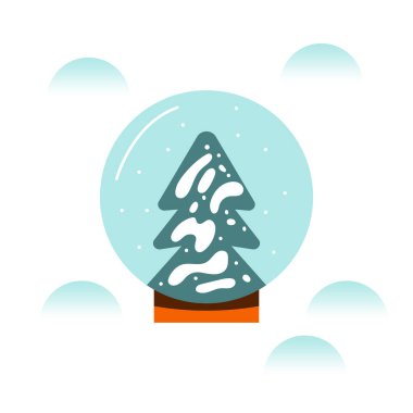 Karlı Çam Ağacı Soyut Minimalist Düz Tasarımlı Kar Küresi Kar Arkaplanı Üzerine Kış Resimleri.