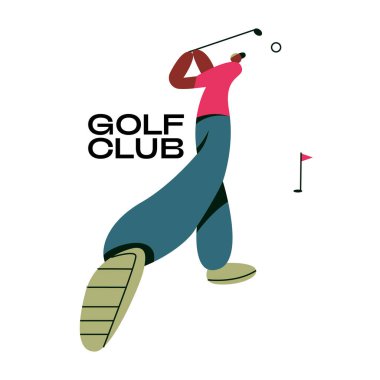 Golf Kulübü Sahası Düz Vektör Spor İllüstrasyonunda Golf Oyuncusu Vuruşu.