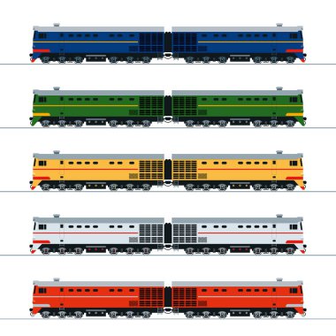 Dizel lokomotif. Yan görüş. Farklı renklerde basit çizimler kümesi