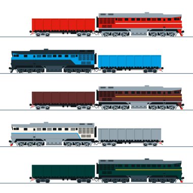 Dizel lokomotif ve teleferik. Yan görüş. Vektör resimlerinin kümesi