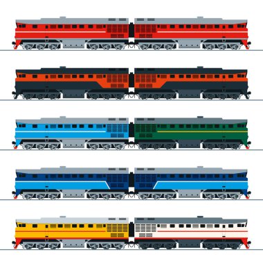 Dizel lokomotif. Yan görüş. Farklı renklerde basit çizimler kümesi