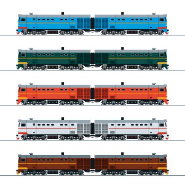 Klasik dizel lokomotif. Yan görüş. Farklı renklerde resimleme