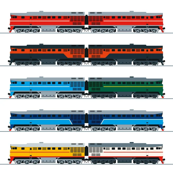 Dizel lokomotif. Yan görüş. Farklı renklerde basit çizimler kümesi