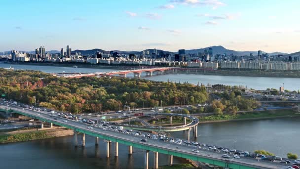Herfst Landschap Van Han Rivier Seoul Zuid Korea 2020 — Stockvideo