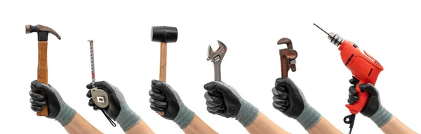 Insamling av händer håller handverktyg isolerad vit bakgrund. Diy-konceptet. Handverktyg koncept. — Stockfoto