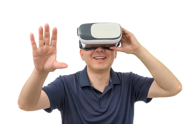 Hombre Con Gafas Realidad Virtual Captura Estudio Fondo Blanco — Foto de Stock