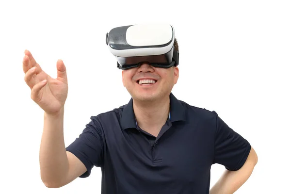 Hombre Con Gafas Realidad Virtual Captura Estudio Fondo Blanco — Foto de Stock