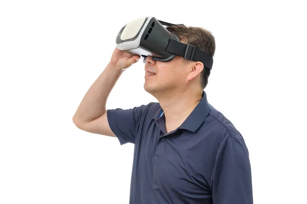 Hombre Con Gafas Realidad Virtual Captura Estudio Fondo Blanco — Foto de Stock