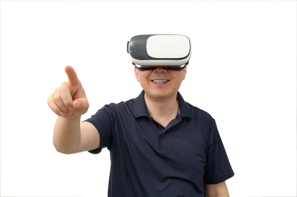 Hombre Con Gafas Realidad Virtual Captura Estudio Fondo Blanco — Foto de Stock