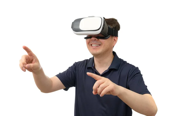 Hombre Con Gafas Realidad Virtual Captura Estudio Fondo Blanco — Foto de Stock