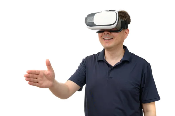 Hombre Con Gafas Realidad Virtual Captura Estudio Fondo Blanco — Foto de Stock