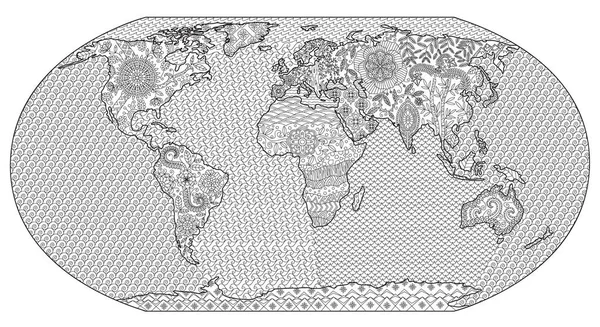 Zbarvení Stránky Mapě Světa Pro Dospělé Antistress Omalovánky — Stockový vektor