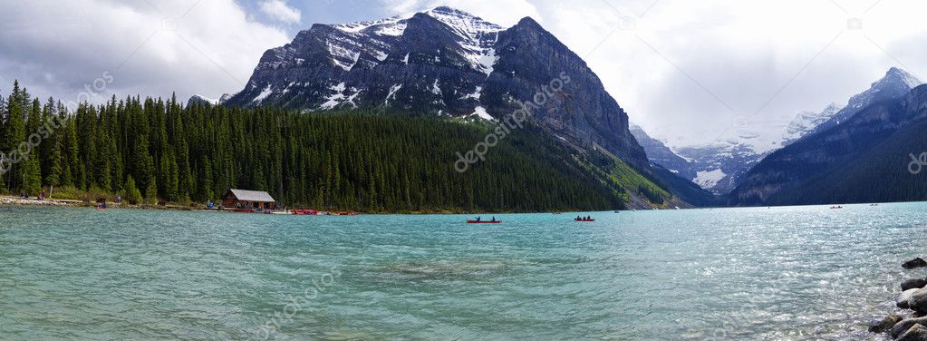 View of the famous lake Louise. Lake Louise is the second most-visited destination in the Banff National Park.