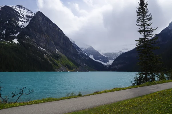 LAKE LOUISE, CANADA - MAY 28, 2016: View of the famous lake Louise. Lake Louise is the second most-visited destination in the Banff National Park.