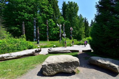 VANCOUVER, BRITISH COLUMBIA, CANADA, 31 Mayıs 2019: Stanley Park, Vancouver, BC 'deki Totem direklerine bakan ziyaretçiler.