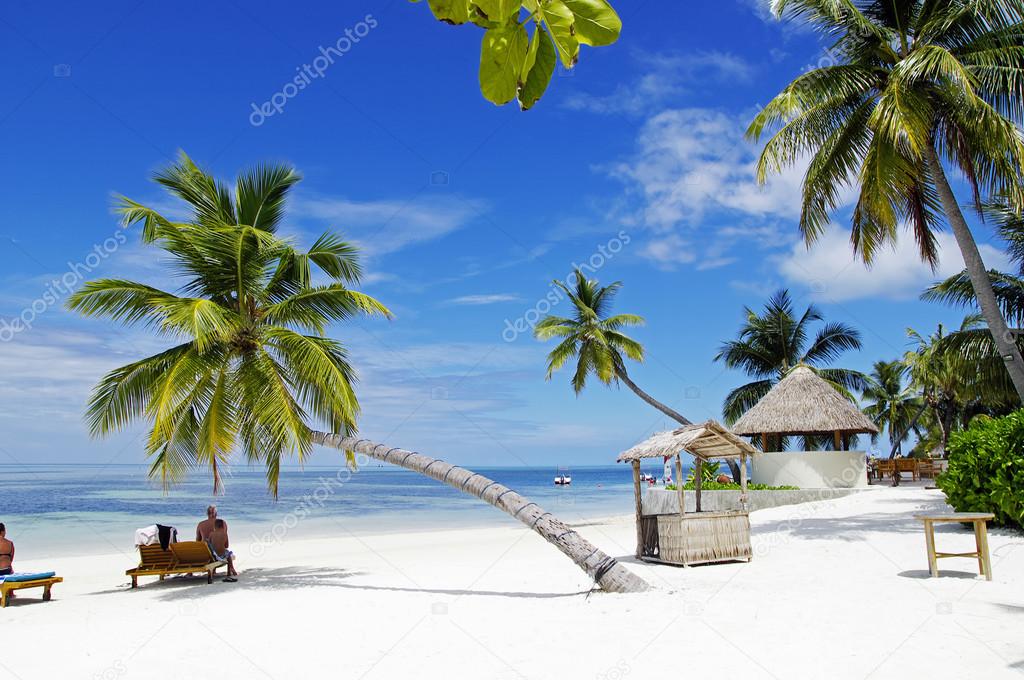 Tourists take sunbath on tropical beach on Maldives island