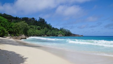 Sandy Anse Takamaka Beach'te Mahe, Seyşel Adaları