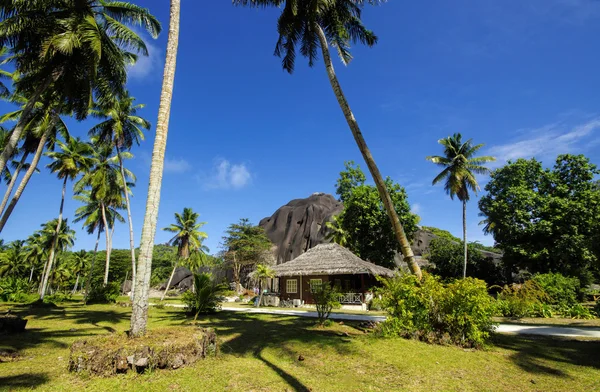 Ferienhaus im Seychellen-Stil mit Dächern aus getrockneten Palmblättern, la digue island. — Stockfoto