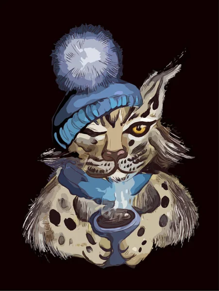 Luchs şapkalı ve eşarplı sıcak kahve içiyor. Siyah arkaplanda vektör illüstrasyonu