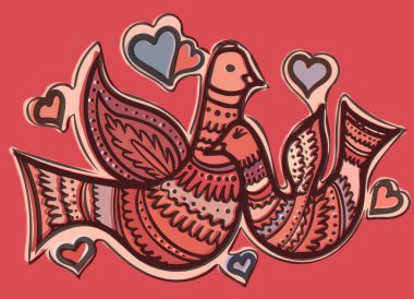 Aşk kuşları etiketi. Kırmızı arkaplanda vektör illüstrasyonu izole edildi.